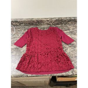 Ann Taylor Petite XS Red Lace Accent Knit Blouse Short Sleeve